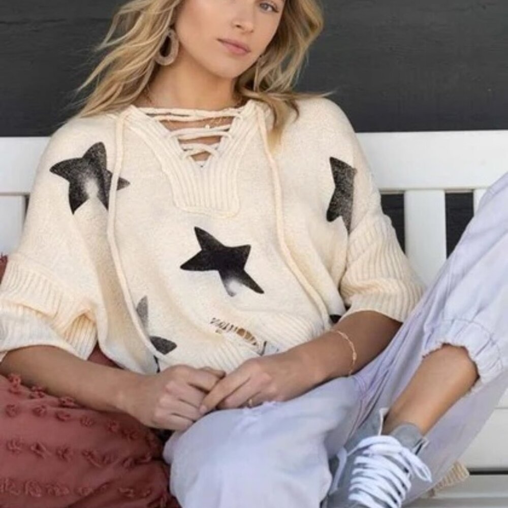 POL Distressed Star Hoodie Loose Sweater Size S Champagne Color